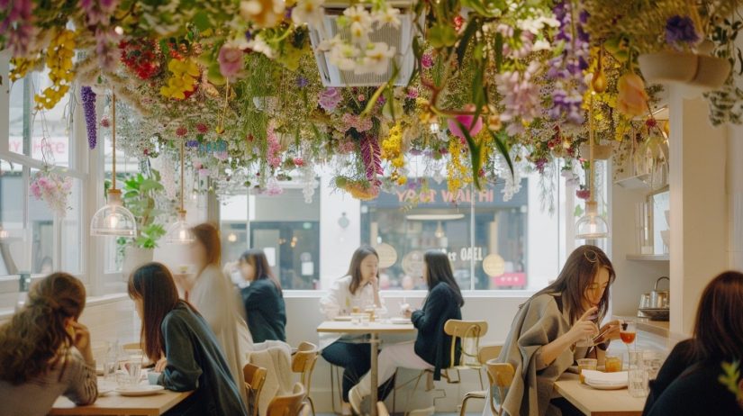 カフェのインテリアデザイン：花々が彩る空間